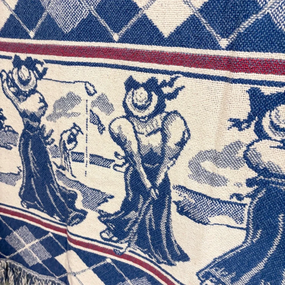 Vintage Cotton Tapestry Throw Blanket Golfing Women Argyle Fringe Blue White Red